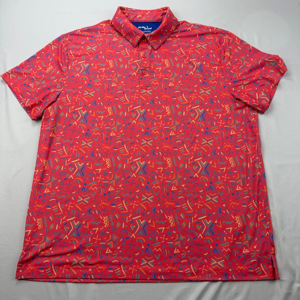 Birdie Bound Polo Shirt Mens XL Red Geometric Abstract Print Performance Golf‎